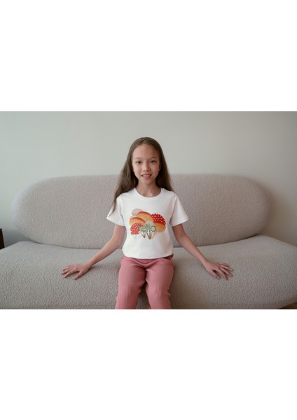 Kız Çocuk Pamuk Hello Mantar Baskılı Kısa Kol Tshirt