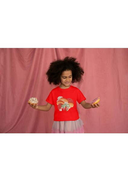 Kız Çocuk Pamuk Hello Mantar Baskılı Kısa Kol Tshirt