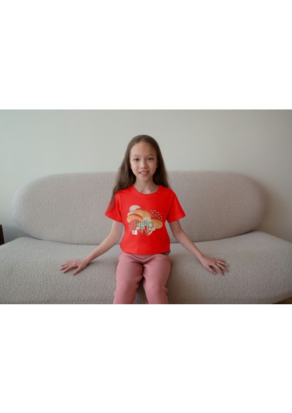 Kız Çocuk Pamuk Hello Mantar Baskılı Kısa Kol Tshirt modelleri
