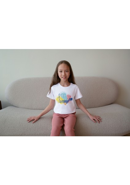Kız Çocuk Pamuk Summer Dondurma Baskılı Kısa Kol Tshirt