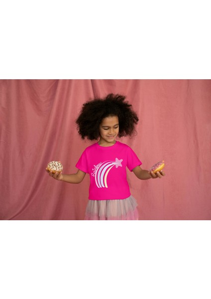 Kız Çocuk Pamuk Rainbow Baskılı Kısa Kol Tshirt