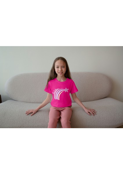 Kız Çocuk Pamuk Rainbow Baskılı Kısa Kol Tshirt modelleri