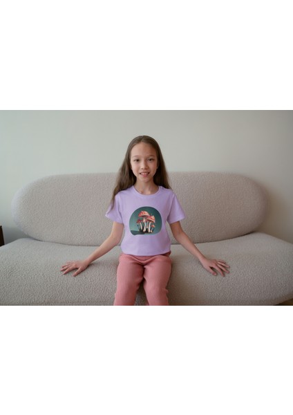 Kız Çocuk Pamuk Küçük Mantar Baskılı Kısa Kol Tshirt