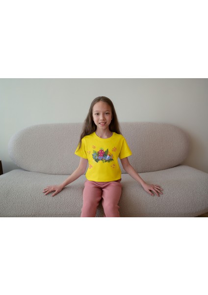 Kız Çocuk Pamuk Tropical Baskılı Kısa Kol Tshirt