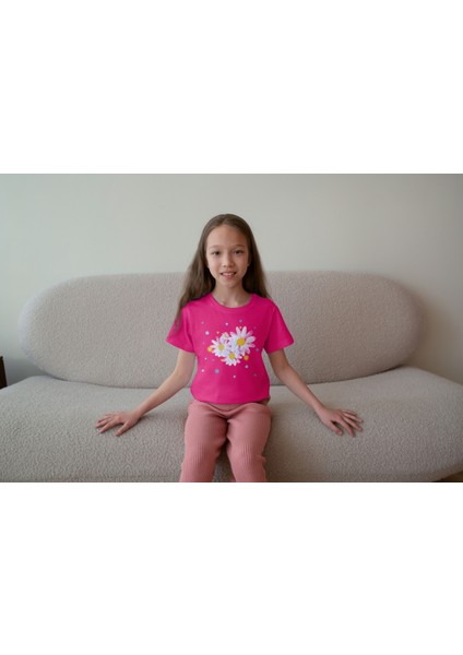 Kız Çocuk Pamuk Hello Papatya Baskılı Kısa Kol Tshirt