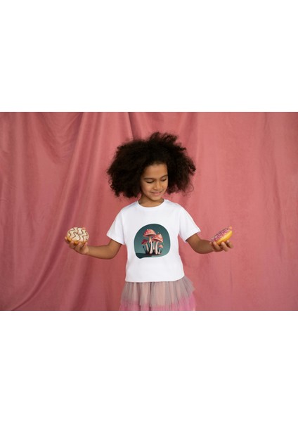 Kız Çocuk Pamuk Küçük Mantar Baskılı Kısa Kol Tshirt