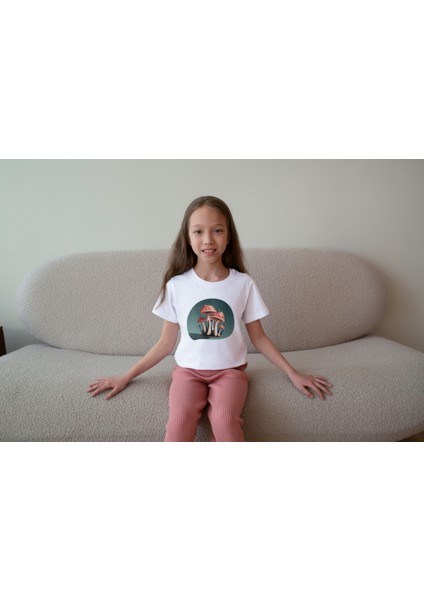 Kız Çocuk Pamuk Küçük Mantar Baskılı Kısa Kol Tshirt modelleri