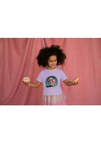 Kız Çocuk Pamuk Küçük Mantar Baskılı Kısa Kol Tshirt