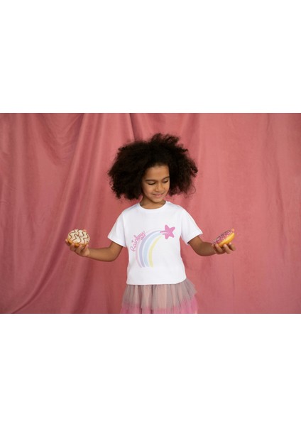 Kız Çocuk Pamuk Rainbow Baskılı Kısa Kol Tshirt
