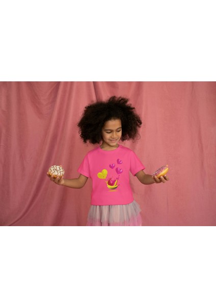 Kız Çocuk Pamuk Kalp Sweat Baskılı Kısa Kol Tshirt
