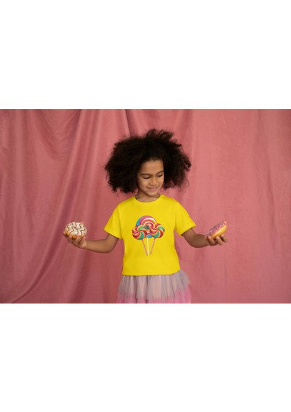 Kız Çocuk Pamuk Lolipop Baskılı Kısa Kol Tshirt