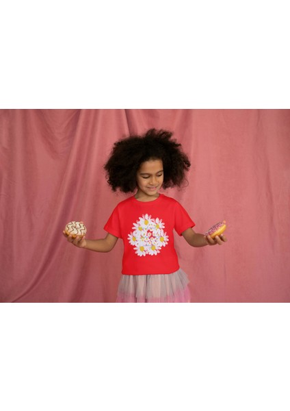 Kız Çocuk Pamuk Papatya Baskılı Kısa Kol Tshirt