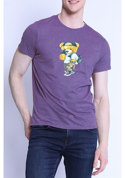 Unisex Peluş Ayı Baskılı Bisiklet Yaka T-Shirt
