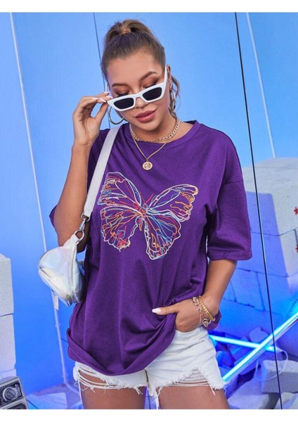 Neon Kelebek Baskılı Kadın T-Shirt modelleri