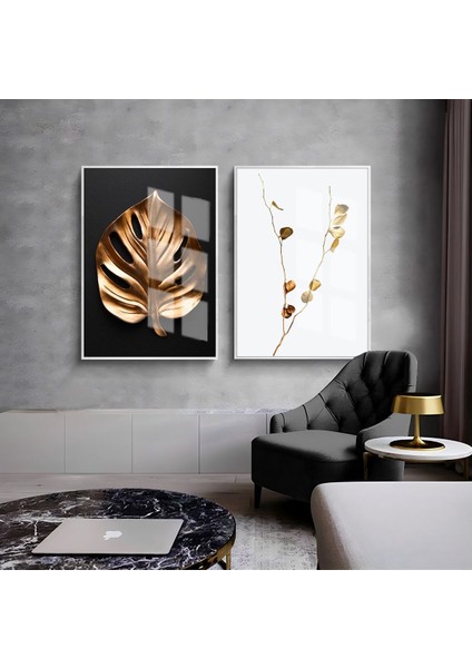 Beyaz-Gold Yaprak Kombini 02 |Çerçeveli Cam Tablo 2li Dikey