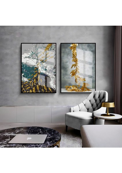 Mavi-Gold Balık-Dal Kombini 01 |Çerçeveli Cam Tablo 2li Dikey