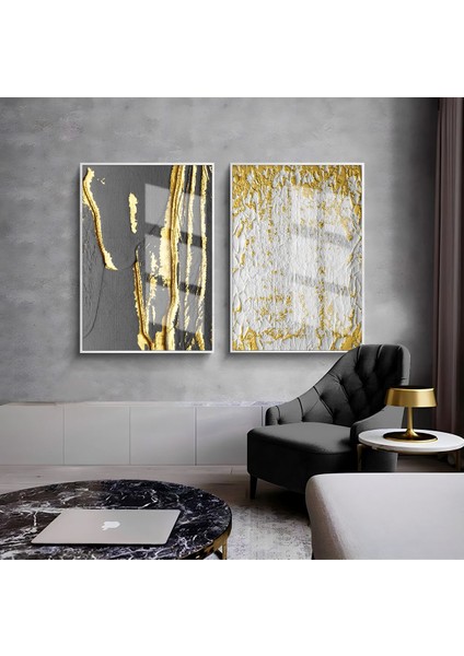 Siyah-Gold-Beyaz Soyut Kombini 001 |Çerçeveli Cam Tablo 2li Dikey