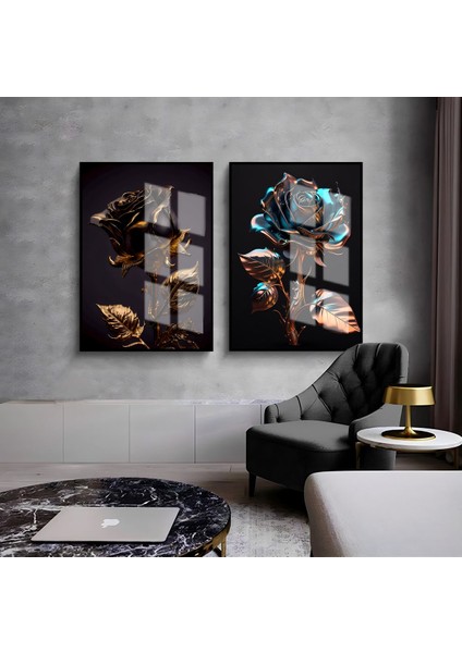 Siyah-Gold Gül Kombini 001 |Çerçeveli Cam Tablo 2li Dikey