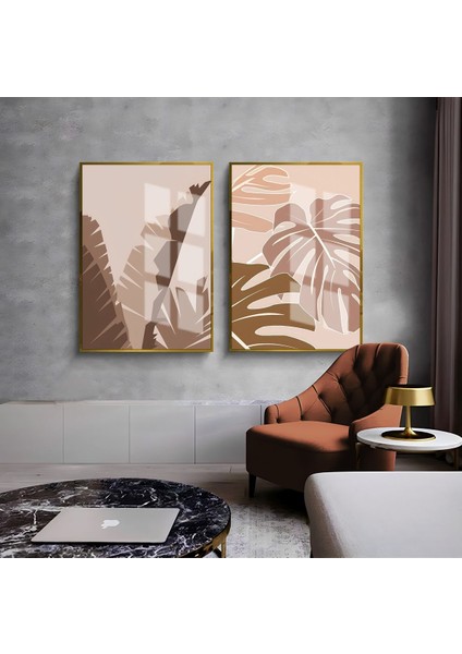 Krem-Bej Desenli Palm Yaprak Kombini 01 |Çerçeveli Cam Tablo 2li Dikey