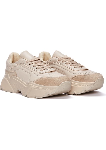 Kadın Bej Kalın Tabanlı Bağcıklı Sneaker 24WFE145018