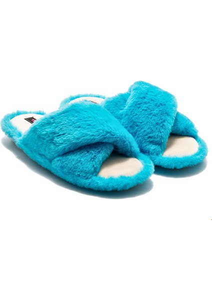 Çapraz Peluş Kadın Ev Terliği Mavi 36/41