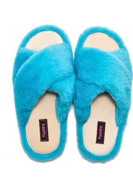 Çapraz Peluş Kadın Ev Terliği Mavi 36/41