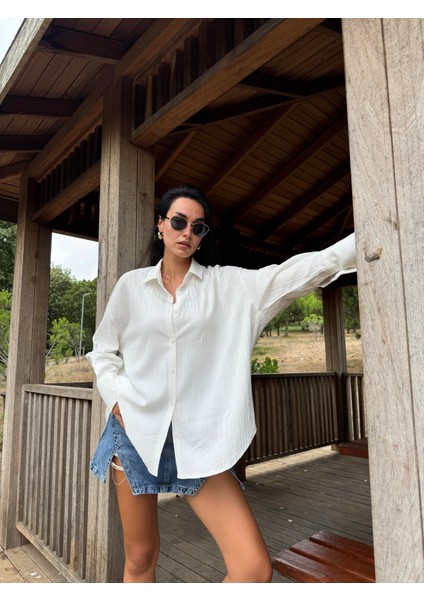 Beyaz Oversize Geniş Manşetli Kadın Gömlek 27384 fiyatları