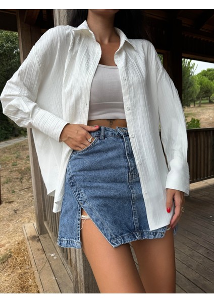 Beyaz Oversize Geniş Manşetli Kadın Gömlek 27384 fırsatları