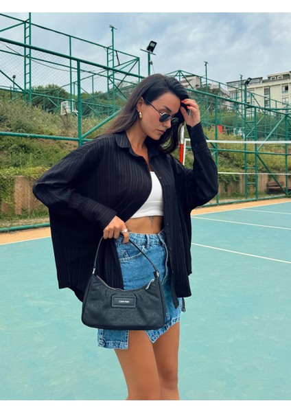 Siyah Oversize Geniş Manşetli Kadın Gömlek 27384