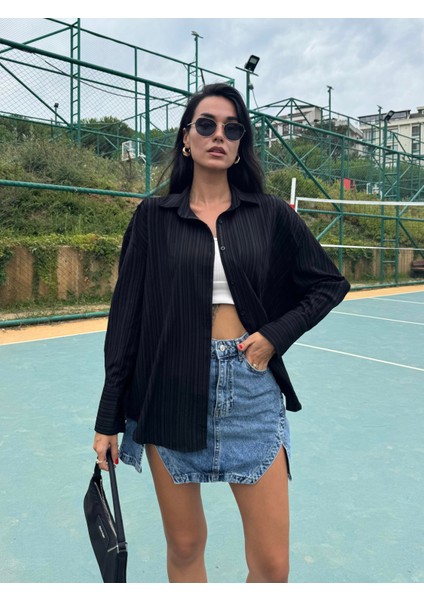 Siyah Oversize Geniş Manşetli Kadın Gömlek 27384 fırsatları