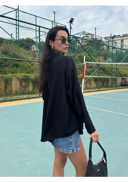 Siyah Oversize Geniş Manşetli Kadın Gömlek 27384 indirimleri