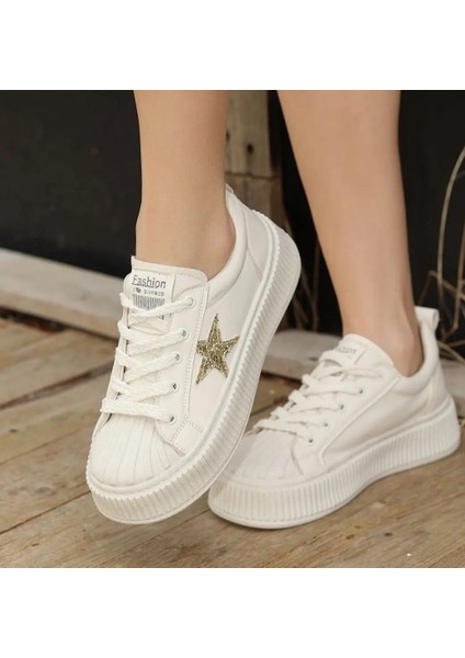 Günlük Kadın Sneaker Bağcıklı Yıldız Detaylı Yüksek Taban Simli Rahat Ayakkabı 7100