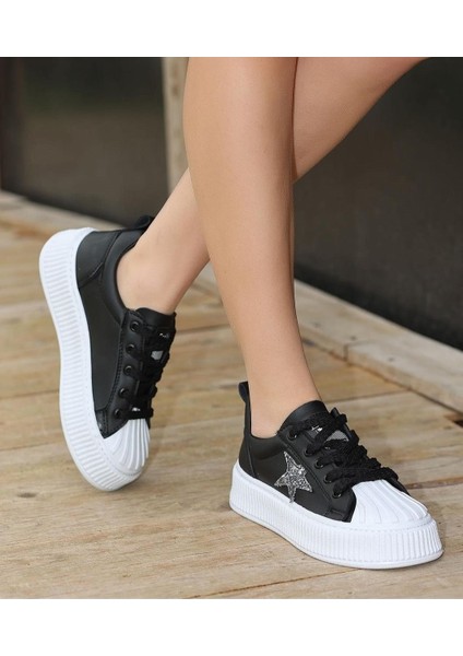 Günlük Kadın Sneaker Bağcıklı Yıldız Detaylı Yüksek Taban Simli Rahat Ayakkabı 7100 fiyatları