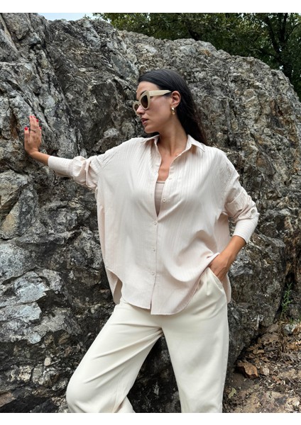 Ekru Oversize Geniş Manşetli Kadın Gömlek 27384
