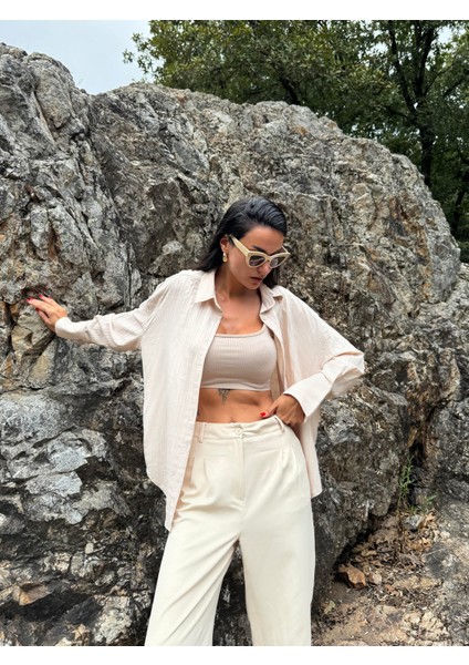 Ekru Oversize Geniş Manşetli Kadın Gömlek 27384