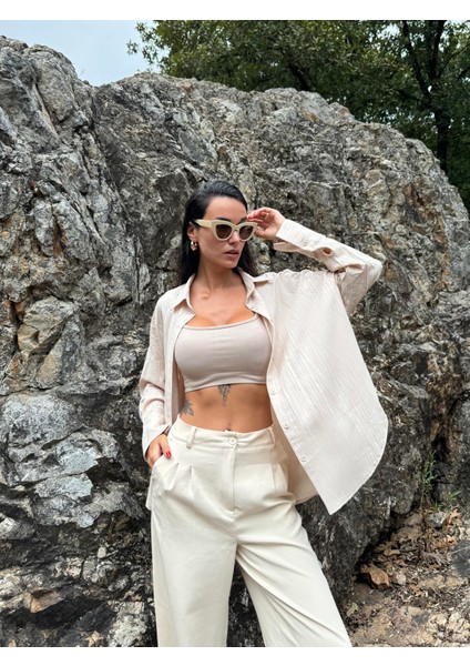 Ekru Oversize Geniş Manşetli Kadın Gömlek 27384