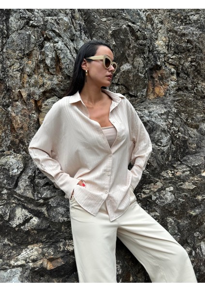 Ekru Oversize Geniş Manşetli Kadın Gömlek 27384