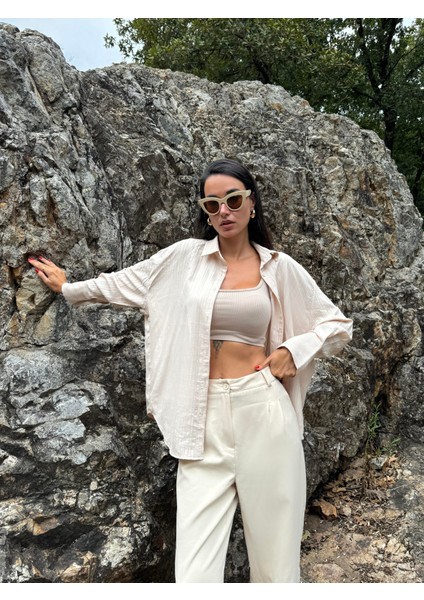 Ekru Oversize Geniş Manşetli Kadın Gömlek 27384