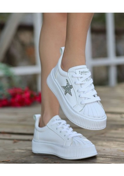 Günlük Kadın Sneaker Bağcıklı Yıldız Detaylı Yüksek Taban Simli Rahat Ayakkabı 7100