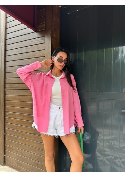 Pembe Oversize Geniş Manşetli Kadın Gömlek 27384