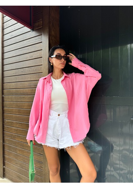 Pembe Oversize Geniş Manşetli Kadın Gömlek 27384 modelleri