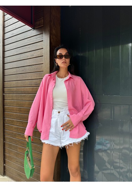 Pembe Oversize Geniş Manşetli Kadın Gömlek 27384 fırsatları