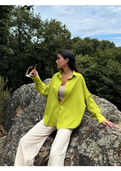 Fıstık Yeşili Oversize Geniş Manşetli Kadın Gömlek 27384 modelleri