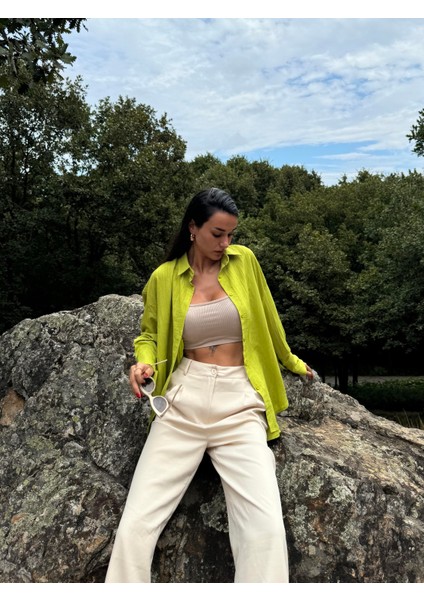 Fıstık Yeşili Oversize Geniş Manşetli Kadın Gömlek 27384 indirimleri