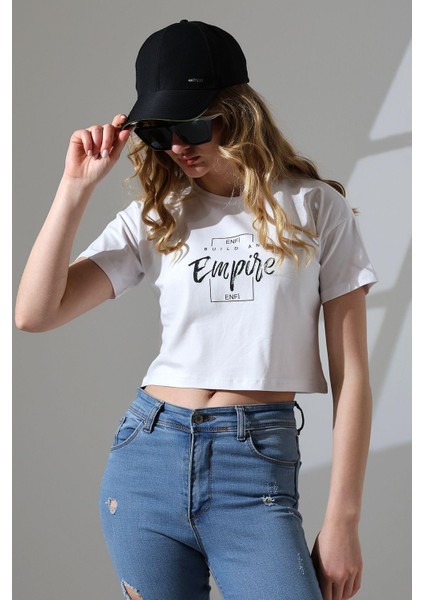 Baskılı Pamuklu Süprem Penye Crop T-Shirt