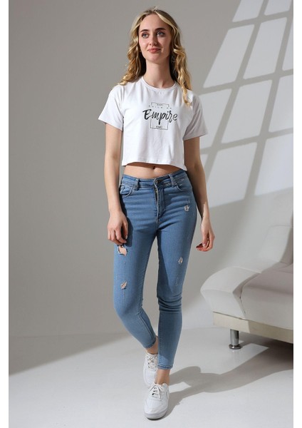 Baskılı Pamuklu Süprem Penye Crop T-Shirt