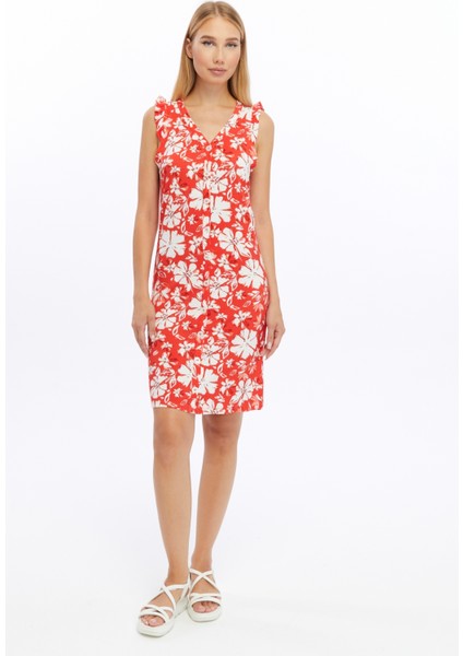 Shıft Dress-Önü Düğmeli Patlı Kolları Fırfır Örme Elbise