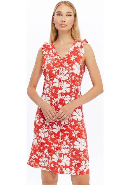 Shıft Dress-Önü Düğmeli Patlı Kolları Fırfır Örme Elbise