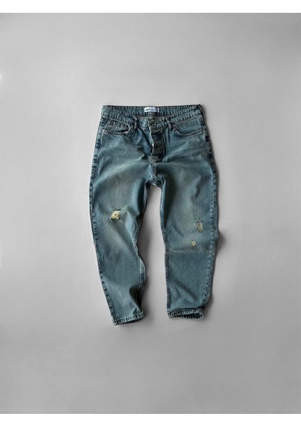 Slim Fit Kısa Paça Yıkamalı Distressed Jean Pantolon Buz Mavi