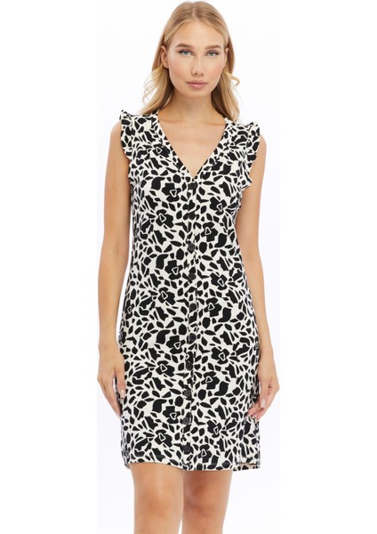 Shıft Dress-Önü Düğmeli Patlı Kolları Fırfır Örme Elbise